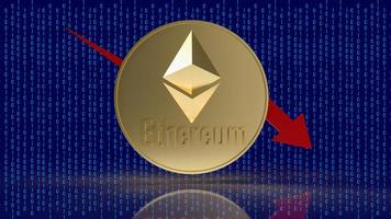 la moneda ethereum y el gráfico de flechas rojas en la representación digital de fondo 3d foto