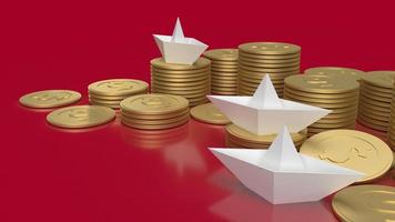 The white paper boat and gold coins on red background for red ocean content 3d rendering photo