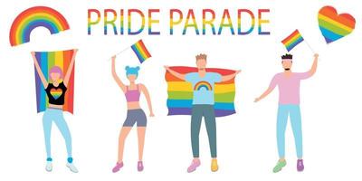 Pride Month.  Woman and men taking part in pride parade. People at street demonstration for LGBT rights. Gay, lesbian, bisexual, transgender activists. Vector stock  illustration in flat style.
