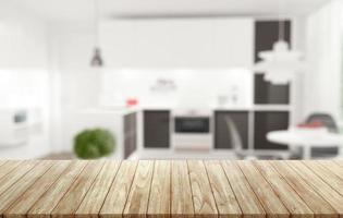 Wooden table desk on Blurred background of kitchen. photo
