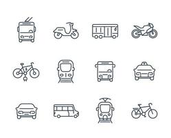 iconos de transporte urbano, furgoneta de tránsito, taxi, autobús, taxi, tren, bicicletas, estilo lineal vector