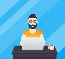 freelancer working at laptop, bearded man wearing glasses at work vector