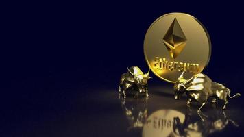 la imagen de la moneda de los toros de oro y el ethereum para la representación criptográfica o del concepto de negocio en 3d foto