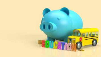 The blue piggy bank and school bus image for saving to education 3d rendering photo