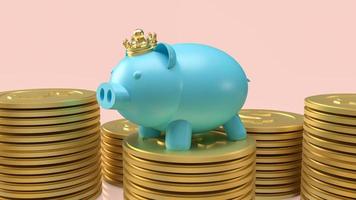 The blue piggy bank and gold crown on coins  for saving or business concept  3d rendering photo