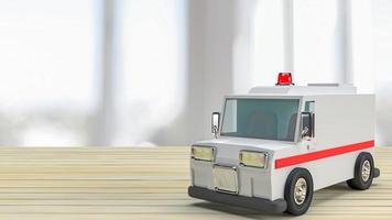 la ambulancia en la mesa de madera para el cuidado de la salud o el concepto médico de representación 3d foto
