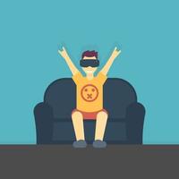 cheerful guy in virtual reality headset on couch in flat style, vector illustration