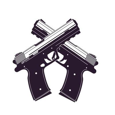 modern pistols, two crossed handguns isolated over white