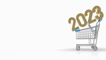 The gold number 2023 on shopping cart for business concept 3d rendering photo