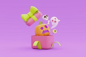 Opened gift boxes with Halloween Jack-o-Lantern pumpkins and colorful candies on purple background, traditional october holiday, 3d rendering. photo