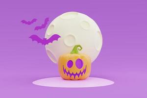 feliz halloween con carácter de calabaza jack-o-lantern y murciélago bajo la luna sobre fondo púrpura, representación 3d. foto