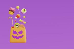 feliz halloween con bolsa amarilla llena de caramelos coloridos y dulces flotando sobre fondo morado, fiesta tradicional de octubre, representación 3d. foto