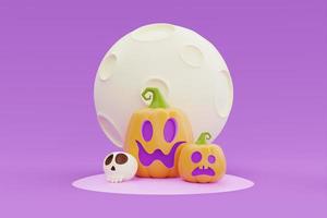 Happy Halloween with Jack-o-Lantern pumpkins character and bones under the moon on purple background, 3d rendering. photo
