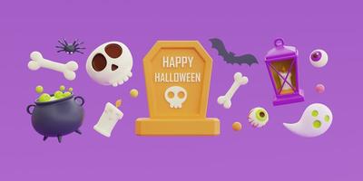 feliz halloween con tumba, huesos, cráneo, caldero de brujas, linterna y fantasma flotando sobre fondo morado, representación 3d. foto