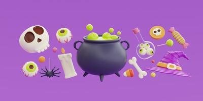 Happy Halloween with witch cauldron, hat, bones, skull, colorful candies and sweets floating on purple background, 3d rendering. photo