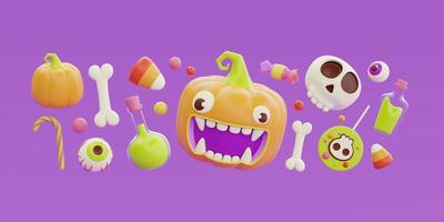 Happy Halloween with Jack-o-Lantern pumpkins character, colorful candies and sweets floating on purple background, 3d rendering. photo