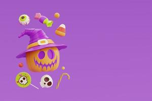 feliz halloween con el personaje de calabazas jack-o-lantern con sombrero de bruja, caramelos coloridos y dulces flotando sobre fondo púrpura, representación 3d. foto