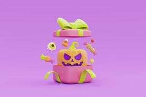 Opened gift boxes with Halloween Jack-o-Lantern pumpkins and colorful candies on purple background, traditional october holiday, 3d rendering. photo