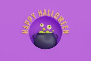 Happy Halloween with witch cauldron on purple background, traditional october holiday, 3d rendering. photo