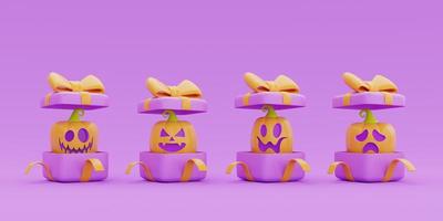 Opened gift boxes with Halloween Jack-o-Lantern pumpkins on purple background, traditional october holiday, 3d rendering. photo