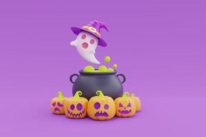 Happy Halloween with Jack-o-Lantern pumpkins, witch cauldron and ghost on purple background, traditional october holiday, 3d rendering. photo