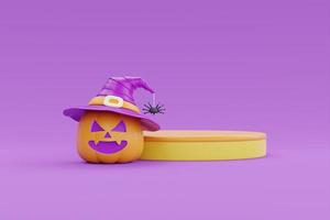 feliz halloween con pantalla de podio y calabazas jack-o-lantern sobre fondo morado, fiesta tradicional de octubre, representación 3d. foto