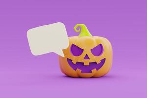 feliz halloween con carácter de calabaza jack-o-lantern sobre fondo morado, fiesta tradicional de octubre, representación 3d. foto