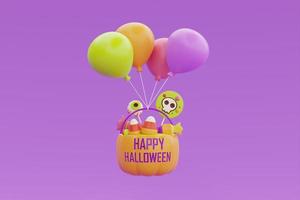 feliz halloween con canasta de calabaza jack-o-lantern llena de dulces coloridos y globo flotando sobre fondo púrpura, representación 3d. foto