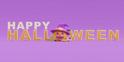 feliz halloween con carácter de calabazas jack-o-lantern sobre fondo morado, fiesta tradicional de octubre, representación 3d. foto