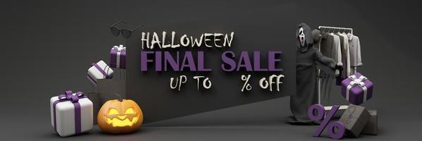 Halloween Sale Promotion Poster  with Halloween Pumpkin and fashion shopping clothes and gift box with Product podium scene. Website spooky, Background for banner Halloween. wide screen -3d render photo