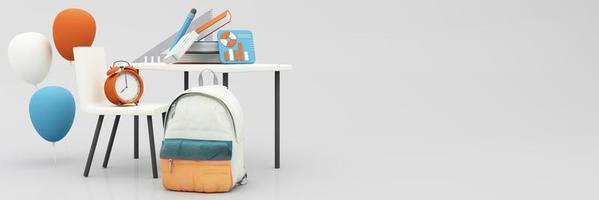 Back to school with school supplies and equipment. School bus with school accessories and books on pastel color orange and blue tone background realistic cartoon. 3D Rendering, widescreen photo