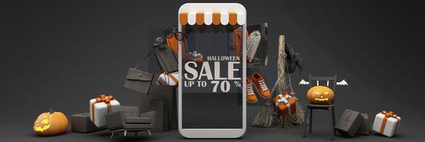 cartel de promoción de venta de halloween con calabaza de halloween y ropa de compras de moda y caja de regalo con escena de podio de producto. sitio web espeluznante, fondo para banner halloween. pantalla ancha - renderizado 3d foto