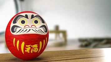 muñeca japonesa daruma en la representación 3d de la mesa de madera foto