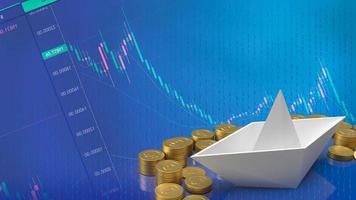 The white paper boat and gold coins for business concept 3d rendering photo