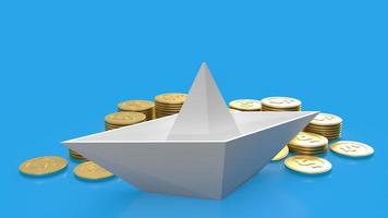 The white boat and gold coins  on blue background for business concept 3d rendering photo