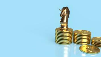 el unicornio y las monedas de oro para la puesta en marcha o el concepto de negocio 3d renderizado foto