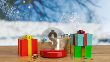 The  gold dollar in christmas crystal ball  and gift box for business or holiday concept 3d rendering photo