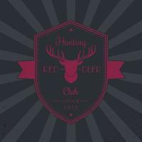 Hunting Club vintage emblem, badge with red deer head, shield shaped logo design vector