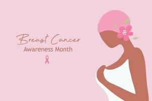 Concientización sobre el cáncer de mama por amor y apoyo. hermosas mujeres jóvenes tocando su pecho con la ilustración de vector de broche de cinta rosa. fondo del concepto de cáncer de mama foto