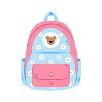 Vector school backpack. Back to school. Schoolbag and rucksack. Pink and blue bag with flowers. Cute school accessory with floral print.