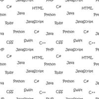 patrón transparente de vector con lenguajes de programación. Nombres de lenguajes de máquina. en blanco y negro.