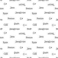 Vector seamless pattern with programming languages. Names of machine languages. Black and white.