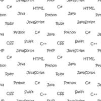 Vector seamless pattern with programming languages. Names of machine languages. Black and white.