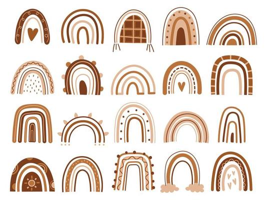 Hand drawn abstract rainbows. Big set with cute boho rainbows in brown colors. Scandinavian shapes.