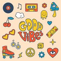 Vector hippie set. Good vibes lettering. Groovy elements. Retro cassette tape and roller skates.