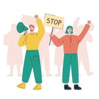 Vector illustration with protesting people. Man with loudspeaker. Girl with placard stop. Protest. Crowd of protesters.