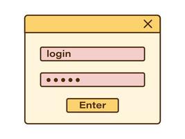 Vector retro authorization window with login and password fields. Nostalgic UI. Retro vaporwave computer interface. Authorization template.