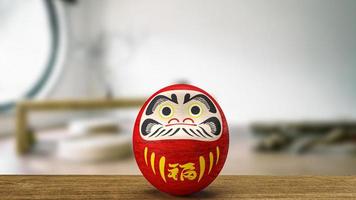 muñeca japonesa daruma en la representación 3d de la mesa de madera foto