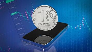 The one ruble coin on mobile phone for business or petroleum concept 3d rendering photo