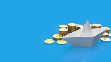 The white boat and gold coins  on blue background for business concept 3d rendering photo